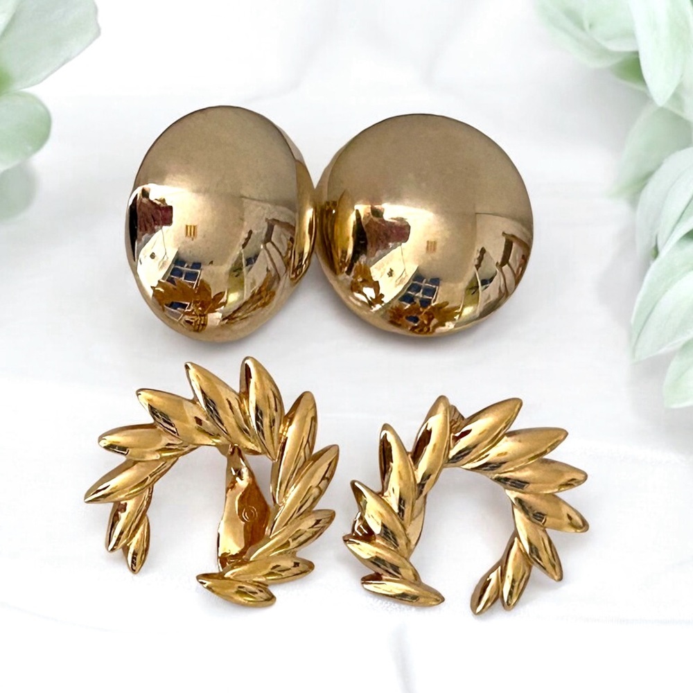 Vintage Coro & Monet Gold Clip On Earrings Set Of Two (2) Signed